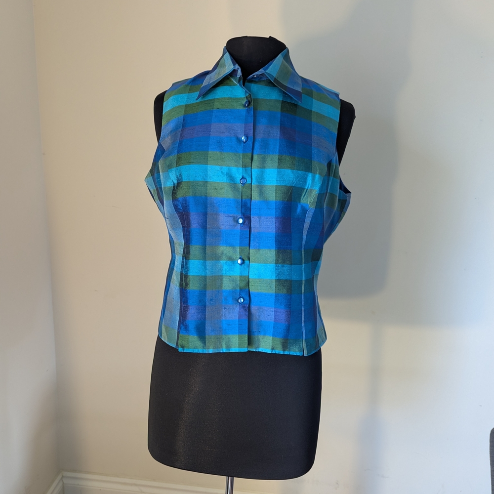 Blue and Green Plaid Sleeveless Top